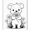 A cute bear holding a flower, surrounded by daisies in a black and white coloring page style.