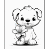 A cute cartoon puppy holding a flower, with a happy expression and rounded features, suitable for coloring.