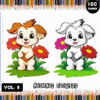 A colorful book cover featuring two cartoon puppies, one brown and one white, standing beside large flowers. Background has a border of colored pencils and the title reads 'Animals Flowers Coloring Pages' with 'VOL. 8' and '100 PAGES' noted.