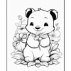A cute panda character sitting among flowers, smiling while holding a flower in its paws.