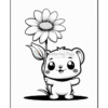 A cute bear character holding a flower, with a big smile, designed for coloring. The background is plain white.