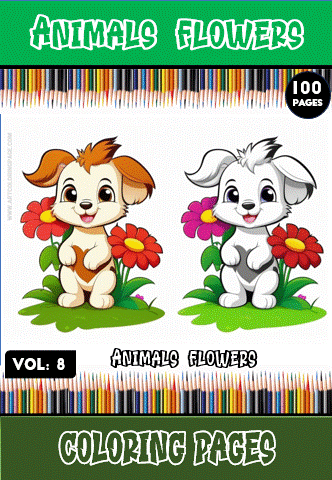 A colorful book cover featuring two cartoon puppies, one brown and one white, standing beside large flowers. Background has a border of colored pencils and the title reads 'Animals Flowers Coloring Pages' with 'VOL. 8' and '100 PAGES' noted.