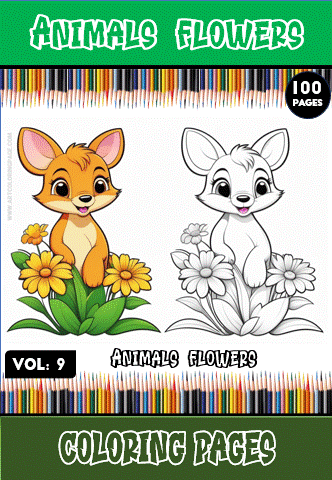 A colorful cover for a coloring book with the title 'Animals Flowers' at the top, featuring a playful orange deer-like character surrounded by yellow flowers on the left, and a cartoon like rabbit character outlined in black on the right amidst flower designs. The cover indicates 'Vol. 9', has a label '100 Pages', and colorful pencil illustrations at the bottom.