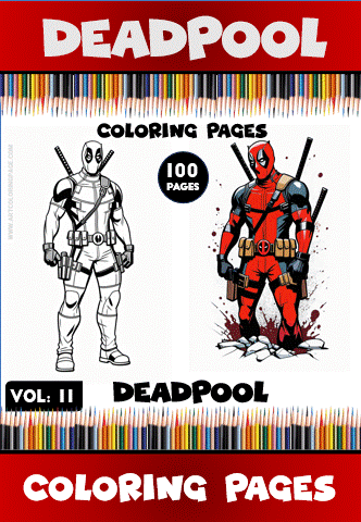 Deadpool coloring pages featuring two distinct images, promoting free coloring pages from artcoloringpage.com and a coloring book with 100 pages.