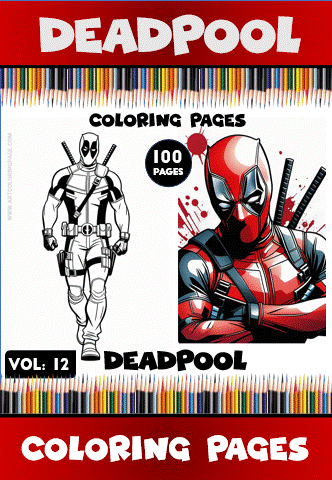 Deadpool coloring page featuring a superhero illustration, promoting free coloring pages on artcoloringpage.com.