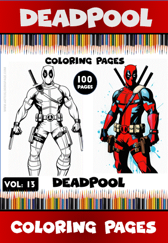 Deadpool coloring pages featuring two distinct illustrations, promoting artcoloringpage.com and free coloring book pages.