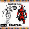 Deadpool coloring pages featuring two designs, promoting free coloring pages from artcoloringpage.com and a 100-page coloring book.