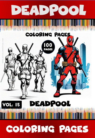 Deadpool coloring pages featuring two distinct designs, promoting a volume of 100 pages available for free on artcoloringpage.com.