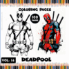 Deadpool coloring pages from artcoloringpage.com, featuring a black and white and a colorful version, perfect for free coloring pages.