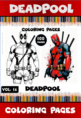 Deadpool coloring pages from artcoloringpage.com, featuring a black and white and a colorful version, perfect for free coloring pages.