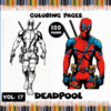 Coloring page featuring Deadpool with two illustrations, surrounded by colored pencils. Visit artcoloringpage.com for free coloring pages and coloring books.