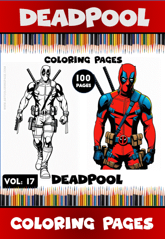 Coloring page featuring Deadpool with two illustrations, surrounded by colored pencils. Visit artcoloringpage.com for free coloring pages and coloring books.