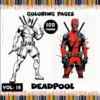 Deadpool coloring pages showcasing a black and white outline and a colored version, promoting free coloring pages from artcoloringpage.com.