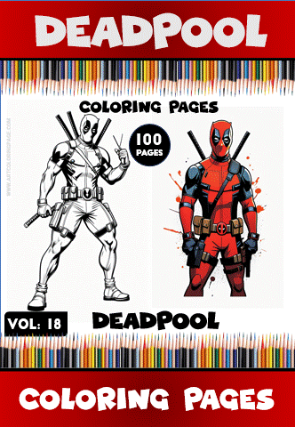 Deadpool coloring pages showcasing a black and white outline and a colored version, promoting free coloring pages from artcoloringpage.com.