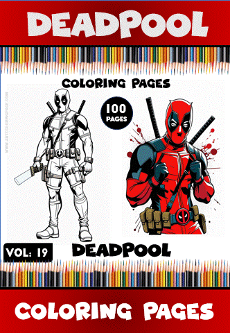 Deadpool coloring pages featuring two different illustrations, promoting a coloring book with 100 pages available at artcoloringpage.com for free coloring pages.