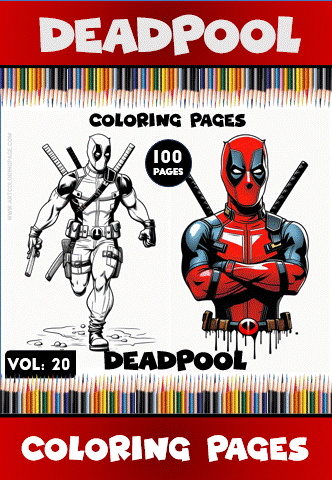 Deadpool coloring pages from artcoloringpage.com, featuring a black-and-white outline and a colorful version for a coloring book.