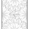 A detailed black and white floral coloring page featuring large sunflowers and leaves.