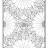 A black and white floral coloring page featuring large daisies and detailed leaves, suitable for coloring activities.
