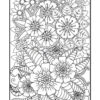 A detailed black and white coloring page featuring various flowers and intricate floral patterns.