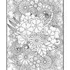 A detailed black and white coloring page featuring intricate flowers, leaves, and swirling designs.
