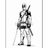 Deadpool stands confidently with his iconic mask and outfit, holding a katana, and ready for action in a black and white illustration.