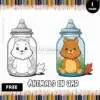 A coloring page featuring two cartoon animals in jars: a white fluffy animal on the left and an orange-brown animal with a bushy tail on the right, both surrounded by colorful elements inside their jars. The title 'ANIMALS IN JAR' is displayed at the top, with a border of colored pencils at the bottom.