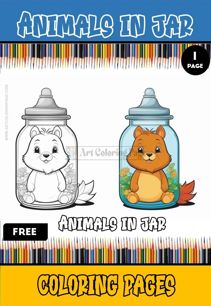 A coloring page featuring two cartoon animals in jars: a white fluffy animal on the left and an orange-brown animal with a bushy tail on the right, both surrounded by colorful elements inside their jars. The title 'ANIMALS IN JAR' is displayed at the top, with a border of colored pencils at the bottom.