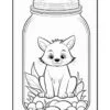 A cute cartoon fox sitting inside a glass jar filled with rocks and leaves, outlined for coloring.