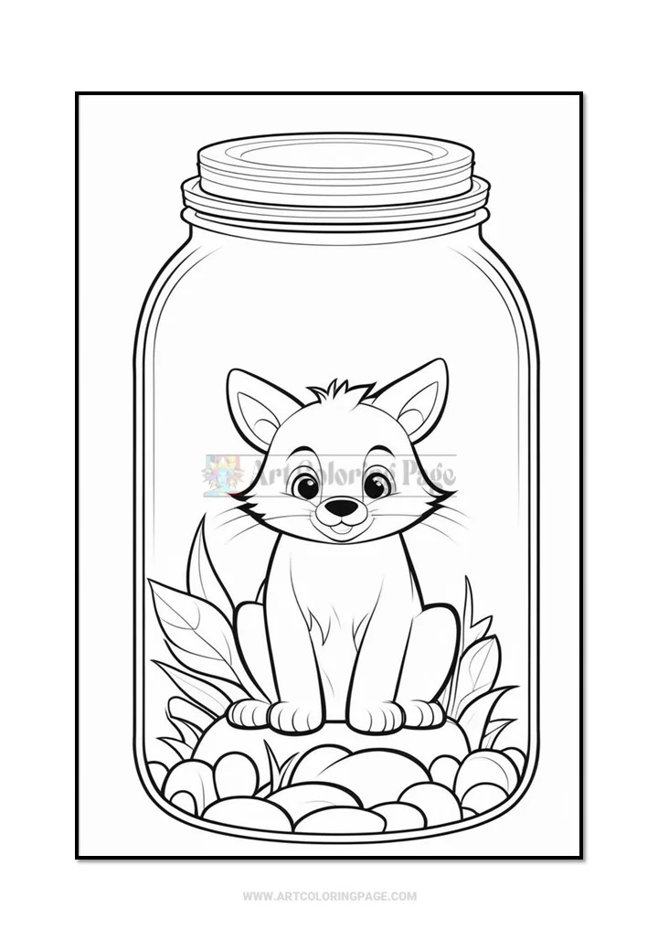 A cute cartoon fox sitting inside a glass jar filled with rocks and leaves, outlined for coloring.