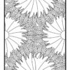 A black and white coloring page featuring large floral designs with leaf patterns, suitable for coloring.