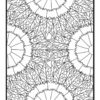 Intricate black and white coloring page featuring abstract patterns with circular designs and flowing lines.