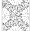 Intricate black and white coloring page featuring overlapping leaves and floral patterns.