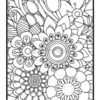 A detailed line art illustration featuring various intricate flowers and floral patterns, suitable for coloring.