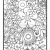 A detailed black and white coloring page featuring an intricate arrangement of flowers and abstract shapes.