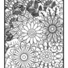 A detailed black and white floral coloring page featuring various flowers, leaves, and intricate patterns.