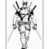 A comic-style illustration of Deadpool, armed with two swords, wearing a red and black costume, with a utility belt and katanas on his back.