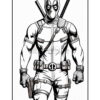 Deadpool, in a detailed black and white coloring page illustration, is dressed in a tactical suit, wielding swords on his back and holding a gun.