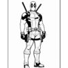 A comic-style illustration of Deadpool, standing with swords on his back and weapons in hand, featuring a muscular build and distinctive costume.