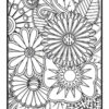 A detailed line art coloring page featuring various flowers, including daisies and stylized blossoms, surrounded by intricate patterns.