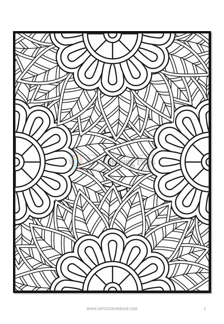 A black and white coloring page featuring intricate floral patterns with large flowers and detailed leaves.