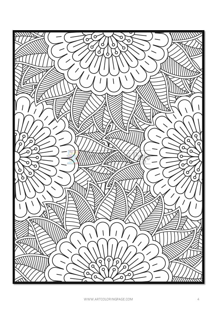 A detailed black and white floral coloring page featuring large flowers and intricate leaves for coloring.