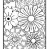 A detailed black and white coloring page featuring various large flowers, including daisies and decorative floral elements.