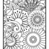 A detailed black and white floral pattern featuring various flowers and circular shapes, ideal for coloring.