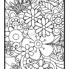 A detailed black and white coloring page featuring various flowers and decorative patterns, ideal for coloring activities.