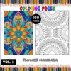 Colorful mandala flower designs alongside blank coloring pages, featured in a cozy coloring book from artcoloringpage.com.