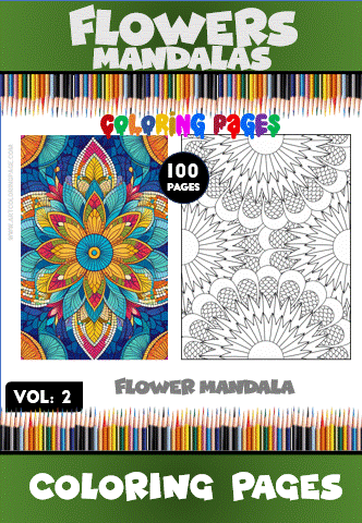 Colorful mandala flower designs alongside blank coloring pages, featured in a cozy coloring book from artcoloringpage.com.