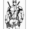 Deadpool stands confidently, holding swords and wearing his iconic red and black costume, with utility belts and holsters.