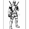 A black and white illustration of Deadpool, standing confidently with dual katanas on his back and a holstered gun.