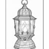 A detailed black and white illustration of an ornate lantern with decorative patterns on its body.