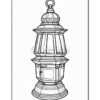 A detailed line drawing of a vintage lantern, featuring ornate designs and a rounded top.